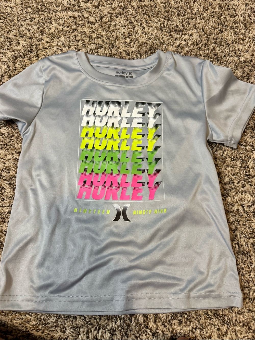 Hurley kid’s 7 Light Gray Short Sleeve Tee with Neon Gradient Logo